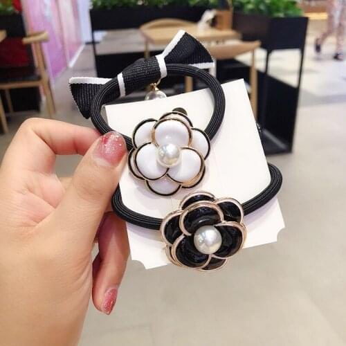 Temperament Small Fragrance Imitation Pearl Camellia Bow Rubber Band Hair Rope Fashion Sweet Girl Womens Hair Accessories