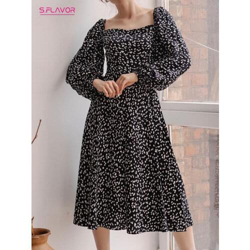 S.FLAVOR Elegant Square Collar Party Vestidos Fashion Printing Long Sleeve Autumn Retro Dress 2021 Bohemian Midi Beach Dress