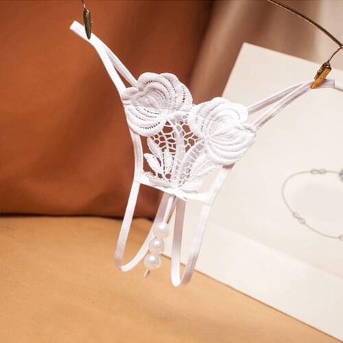 Sexy embroidered free panties perspective sexy low waist T pants female hot hollow pearl massage thong G-String