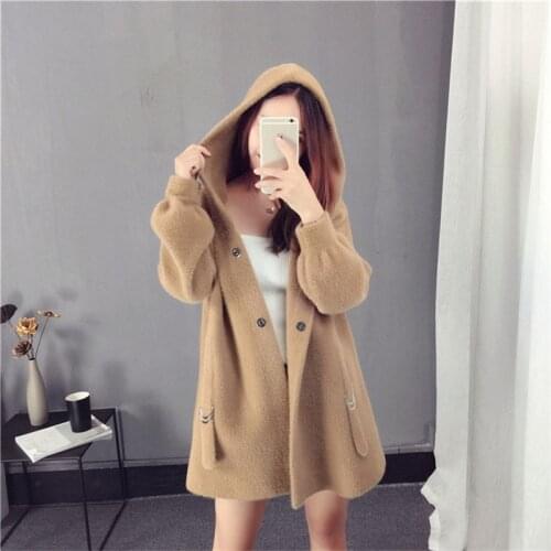 Knit sweater womens cardigan sweater coat 2020 autumn and winter mid-length loose hooded warm coat