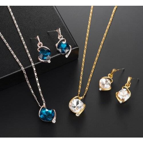 Women Square Rhinestone Pendant Necklace Ear Stud Earrings Party Jewelry Set Offers Decoration Chain 2021 Trend Woman Jewelry