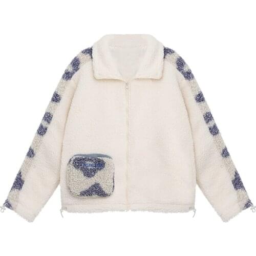 PERHAPS U Women White Leopard Jacket Turn Down Collar Faux Fur Lambswool Zipper Highstreet Pocket C0514