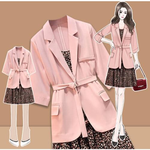 Women Suit 4XL 2021 New Spring Summer Fashion Pink Half Sleeve Small Blazer Jacket+Floral Sling Dress Two Piece Set Female aq380