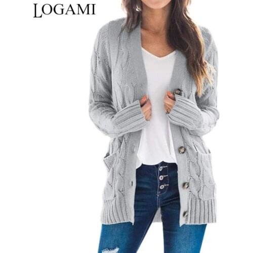 LOGAMI Twist Single Breasted Cardigan Women Long Sleeve Pocket Sweater Long Solid Knit Cardigans