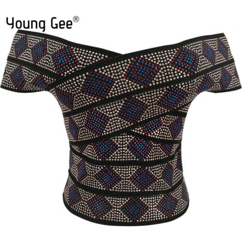 Young Gee Crystal Plaid Sexy Fashion Women Mujer Verano 2019 Tank Tops Vest Bandage Off the Shoulder Crop Top Tees Shirt