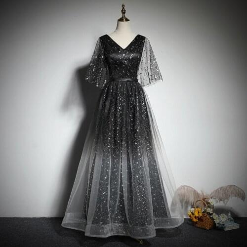 Evening Dress Simple Sequins A-Line Pleat Short Sleeves Deep V-Neck Fashion Empire Floor-Length Party Formal Dresses Woman B1075