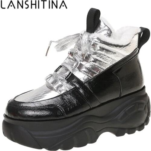 Winter Chunky Boots For Women Thick Plush Platform Boots Leather 7cm Wedges Sneakers Dad Snow Shoes Woman Warm Fur Boots 2020