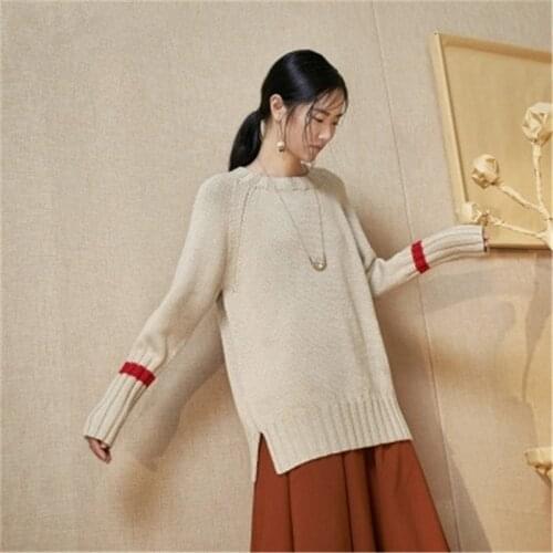 100% hand made pure wool Oneck knit women fashion solid loose open hem pullover sweater white 6color customized