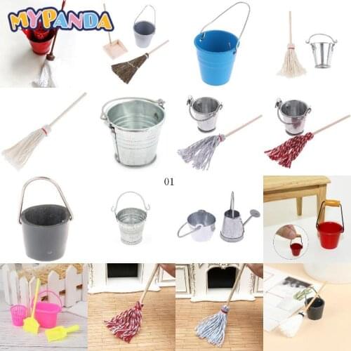 17 Styles 1:12 Dollhouse Miniature Resin Kitchen Garden Mop Bucket Classic Pretend Play Furniture Cute Toys Creative Gifts