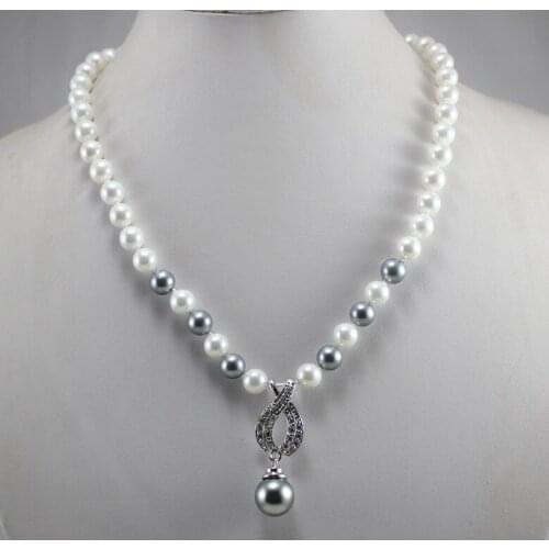 8mm white mixed gray shell pearl necklace+14mm gray shell pearl pendant 013