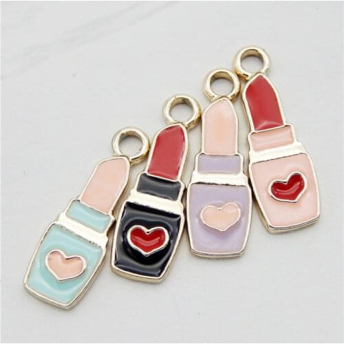 Julie Wang 8PCS Enamel Lipstick Charms Black Pink Purple Blue Heart Lipstick Alloy Cosmetic Bracelet Jewelry Making Accessory