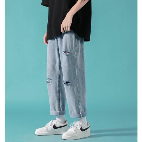 New Mens Ripped Jeans Harajuku Simplicity Style Loose Straight All-match Casual Denim Pants Sudents Loose Comfortable Trousers