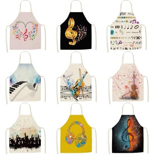 Musicial Note Guitar Piano Kitchen Aprons Women Cotton Linen Bibs Household Cleaning Pinafore Home Cooking Apron 55*68cm