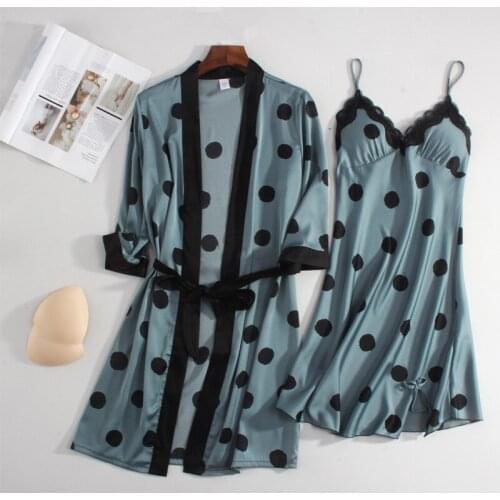 Women Dots Robe Sets 2PCS Lounge Kimono Bathrobe Sexy V-Neck Strap Top Nightgown Nightdress Casual Home Wear Sleepshirts M-XL
