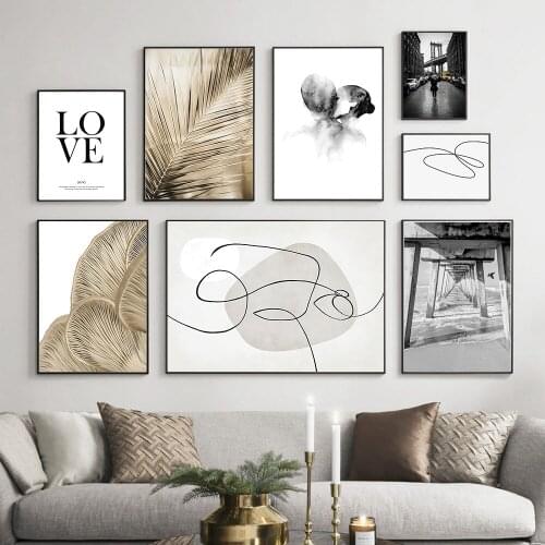 Canvas Painting Vintage Poster Love Kiss Abstract line Wall Art Print Banana Leaf Plant Picture for Living Room Decor Decoration