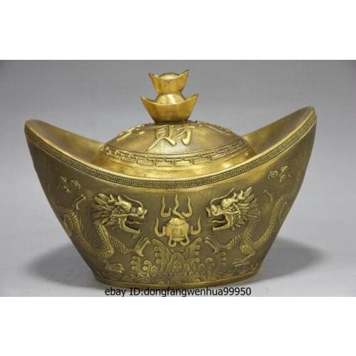 Chinese luck Fengshui copper Brass two Dragon Play Bead Money Wealth God Yuanbao