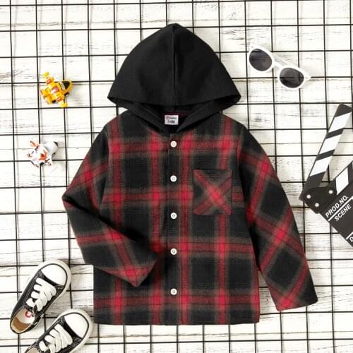 PatPat Toddler Boy Button Design Hooded Plaid Shirt