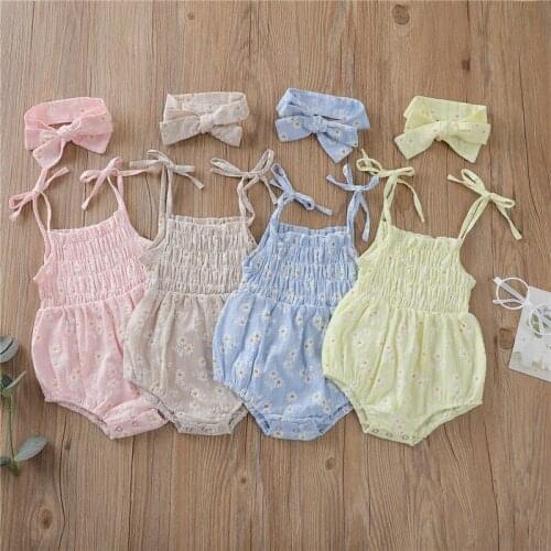 4 Colors Lovely Summer Princess Infant Baby Girls Romper Cotton Outfits Sleeveless Floral Print Lace Up Jumpsuits+Bow Headband