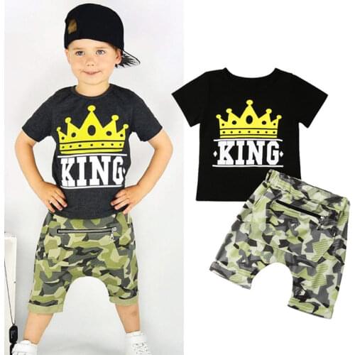 Citgeett Summer Toddler Baby Kid Boy Clothes KING Tops T-shirt Camo Pants Outfits Set Casual Clothes
