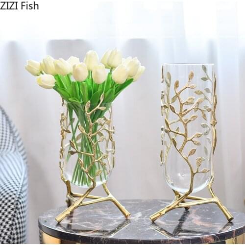 Creative metal glass Golden leaves vine copper vase Hydroponics Flower arrangement expensive Modern home decoration wedding