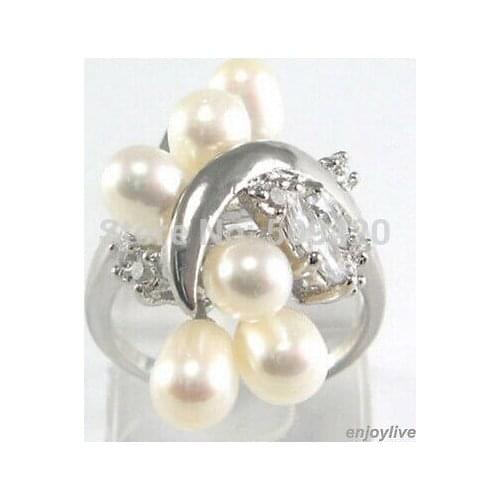 Hot sell Genuine White 6 Pearl White Crystal Flower Ring Size: 7.8.9 Bridal jewelry