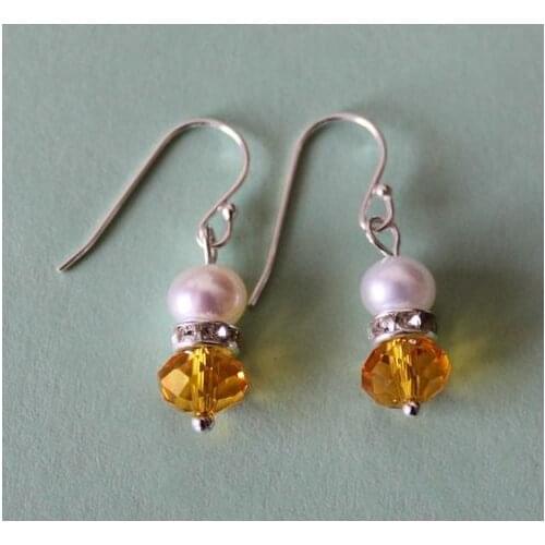 Favorite Pearl Dangle Earrings 6-8mm Amber Crystal White Genuine Freshwater Pearls S925 Sterling Silver Hook Fine Women Gift