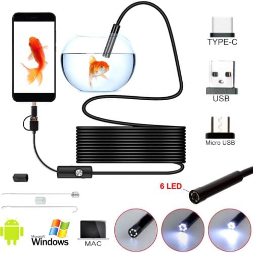 5.5mm Mini Endoscope Camera Type C USB Inspection Borescope Camera Flexible IP67 Waterproof 6LEDs Adjustable Endoscope Camera