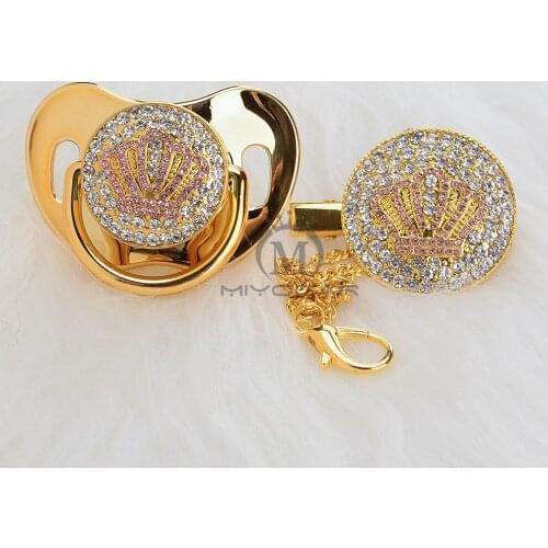 MIYOCAR Gold beautiful GOLD bling pink crown pacifier and pacifier clip set BPA free dummy bling unique design APCB