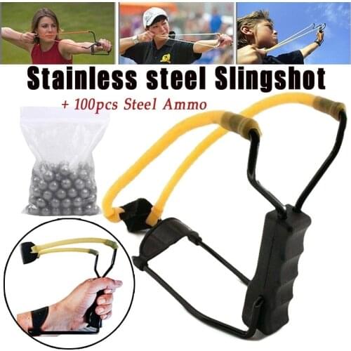 Powerful Stainless Steel Slingshot Folding Wrist-Lock Catapult High Velocity Brace Hunting Bow with 100pcs 6mm Ammo