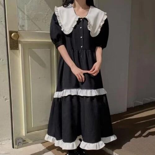 Summer Spring Woman Midi Long Patchwork Dresses Puff Sleeve Elegant Korean Big Turn Down Collar Dress YOU574