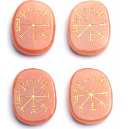 Set of 4 Red Aventurine Carved Crystal Reiki Healing Palm Stones Engraved Ancient Norse Viking Rune Vegvisir with a Pouch
