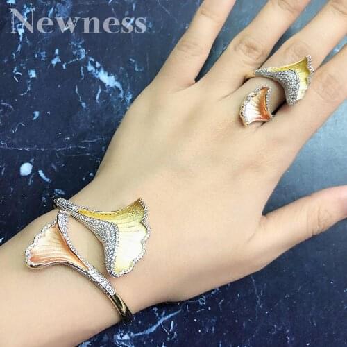Newness Delicate Luxury Leaf Flower Copper Bangle And Ring Set for Women High Quality Wedding Engagement Bridal Party