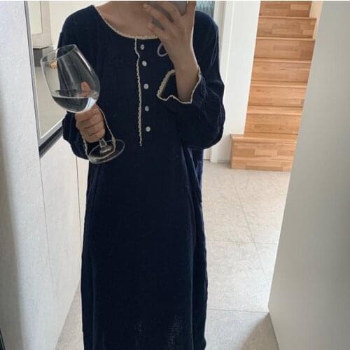 O-Neck Cotton Sleepwear Elegant Vintage Loose Homewear Nightgown Long Midi Dress Pearls Buttons Soft Long Sleeve Korean Kawaii