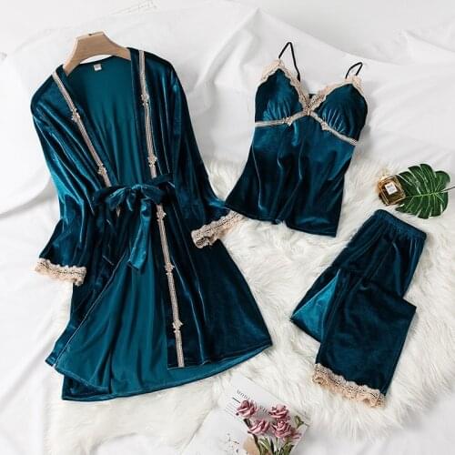 Women 3PCS Pajamas Suit Velour Soft Sleepwear Nightwear Kimono Bathrobe Gown Autumn Winter New Pyjamas Nightgown Homewear