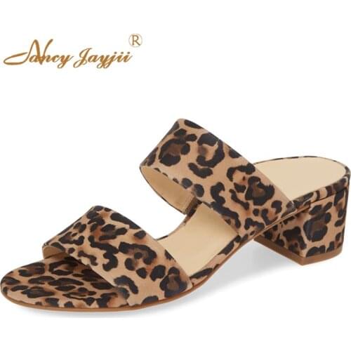 Brown Leopard Black Beach Sandals Woman Med Chunky Heels For Ladies Summer Shoes Slippers Large Size 11 15 Fashion Holidays