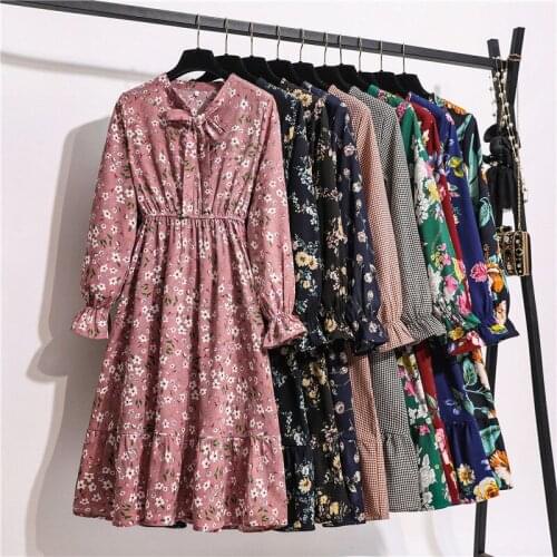 Casual V-neck Floral Long Dresses for Women Slim High Waist Female Print Chiffon Dress 2021 Spring Autumn Vestidos Y569