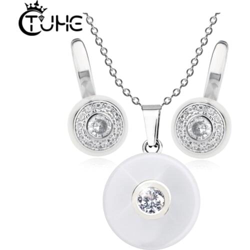 Pink Crystal Pendant Necklace Earrings Ring Cubic Zircon Trendy Party Never Fade Healthy Ceramic Jewelry Sets Women New Design