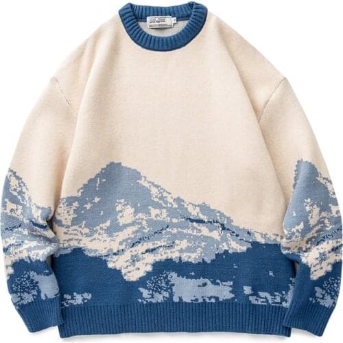 Harajuku Snow Mountain Knitted Sweater Men Hip Hop Streetwear Pullover Couple Oversize Fashions Sweater Women Vintage Tops