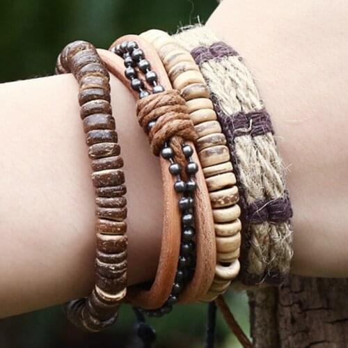 CIBOCIBO Vintage Bracelet Men Luxury Beaded 4 Pieces Leather Braided Rope Wristband Bracelet Men Pulseras Gifts For Men Armband