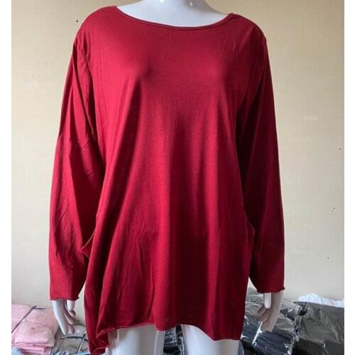 Womens round neck long-sleeved solid color cotton and linen series casual comfortable loose long T-shirt