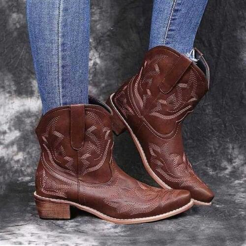 Women Pointed Toe Mid-Calf Boots Chunky Heel Woman Retro Boots 2020 Autumn Winter Low Heel Embroidery Female Shoes 43
