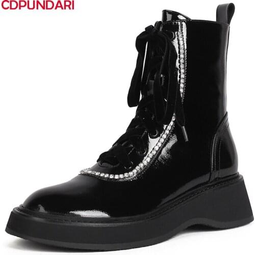 Ladies Black Genuine Leather Flat Platform Ankle Boots Women Autumn Winter Punk Martin Short Boots Shoes Bottes Plateforme Femme