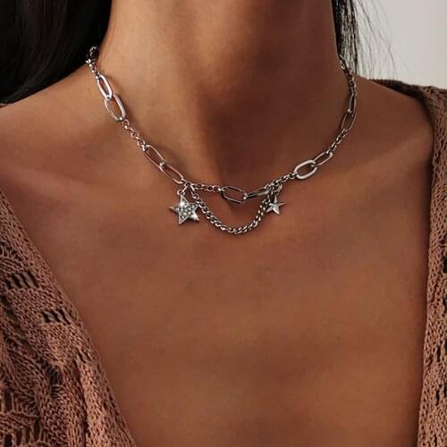 2021 Fashion Vintage Punk Crystal Five-pointed Star Chain Necklace For Women Female Gold Silver Color Collar Multilevel Jewelry