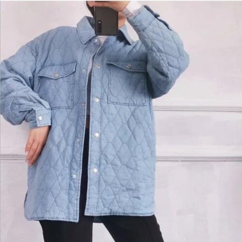 2021 Autumn Winter Pockets Quilted Coat Women Vintage Arygle Thin Denim Parka Warm Loose Cotton Jacket Outwear