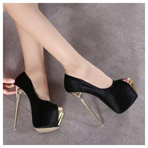16cm Hentian high heels fish mouth single shoes waterproof platform Black Suede model show high heels fashion sandals women