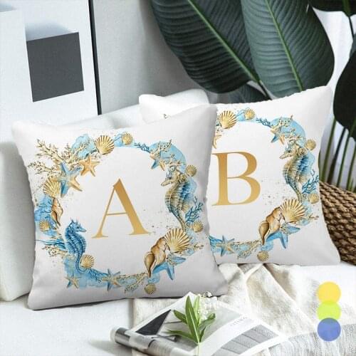 English Alphabet Ocean Flowers Decorative Pillows Case Sea Letter Cushion Cover Living Room Decoration for Sofa Car Couch Chair