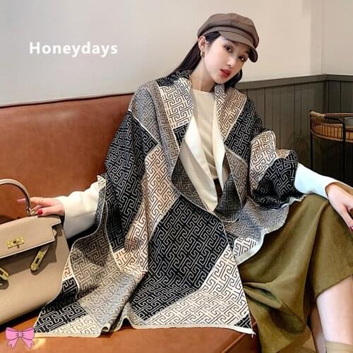 Designer All-match Geometric Pattern Cashmere Scarf Lady Thickened Warm Double-sided Shawl Artistic Neckerchief Pashmina Blanket