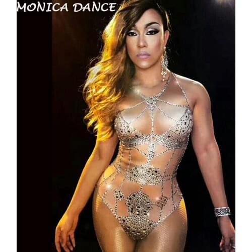 Stage Nude Crystals Bodysuit Summer Sexy Bling Costume Rhinestones One-piece Outfit Performance Nightclub Show Party Dance Wear
