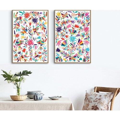Otomi Mexico Art Poster Colorful Mexican Folk Canvas Painting Modern Wall Art Pictures for Living Room Bedroom Home Decoration