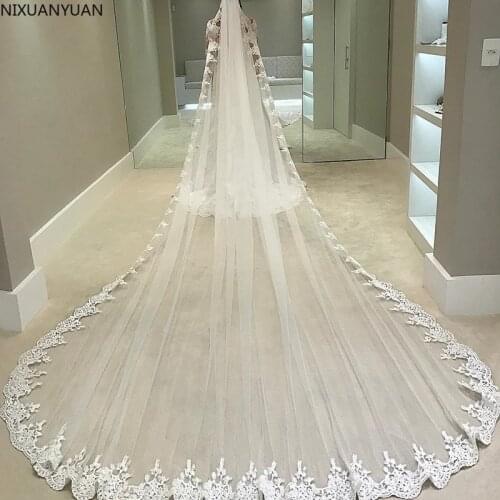 White Ivory 3 Meters Long Full Edge Lace Wedding Veil One Layer Tulle Bridal Veil with Comb Wedding Accessories Veu De Noiva
